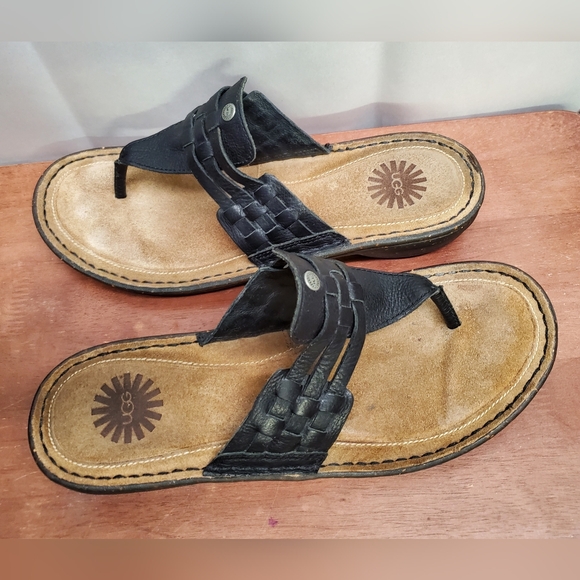 UGG Women's JENAYA Black Woven Leather Thong Sandals Size 9 - Picture 2 of 10